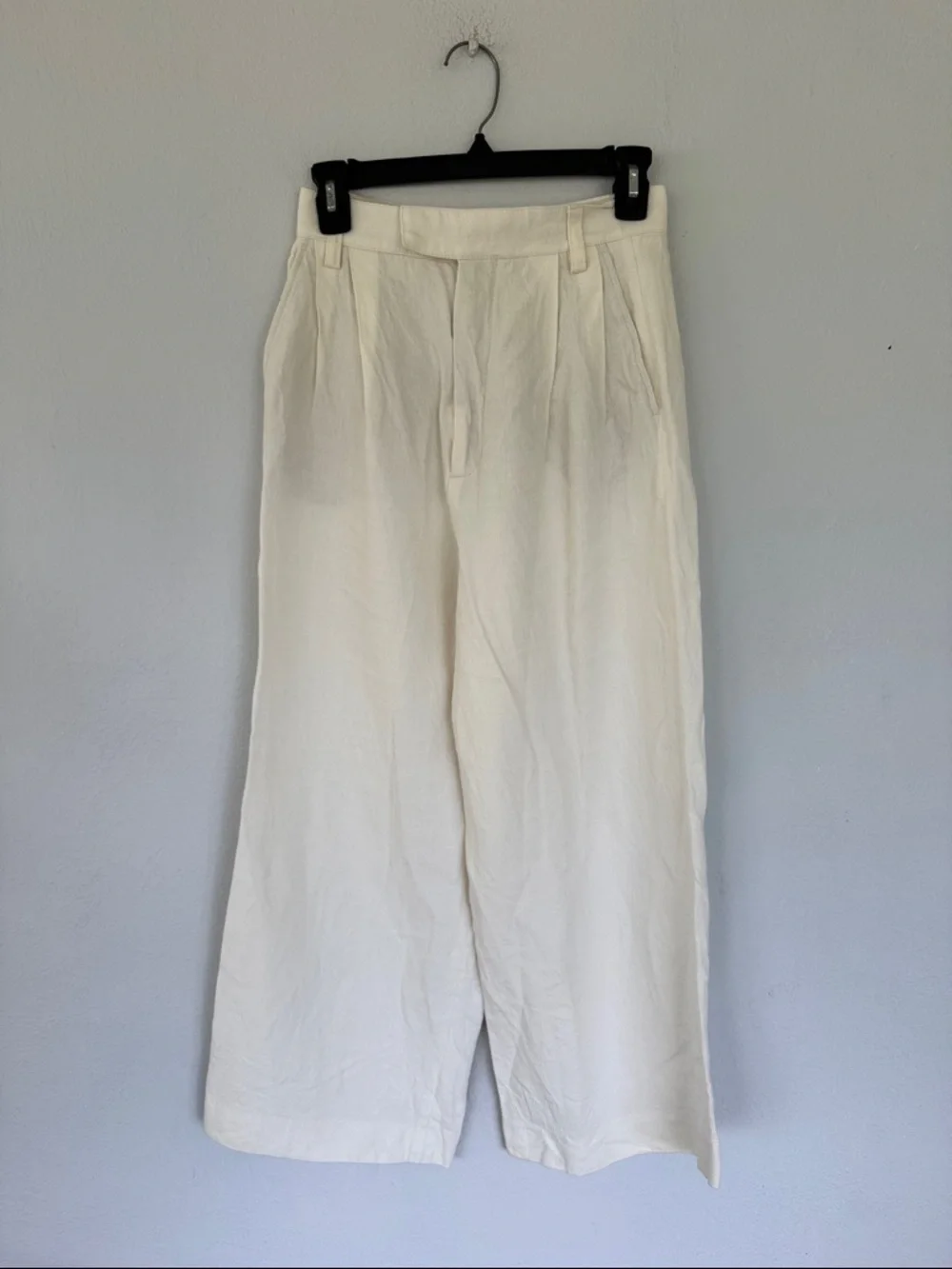 ZARA white high rise pleated wide leg linen blend crop pants size XS